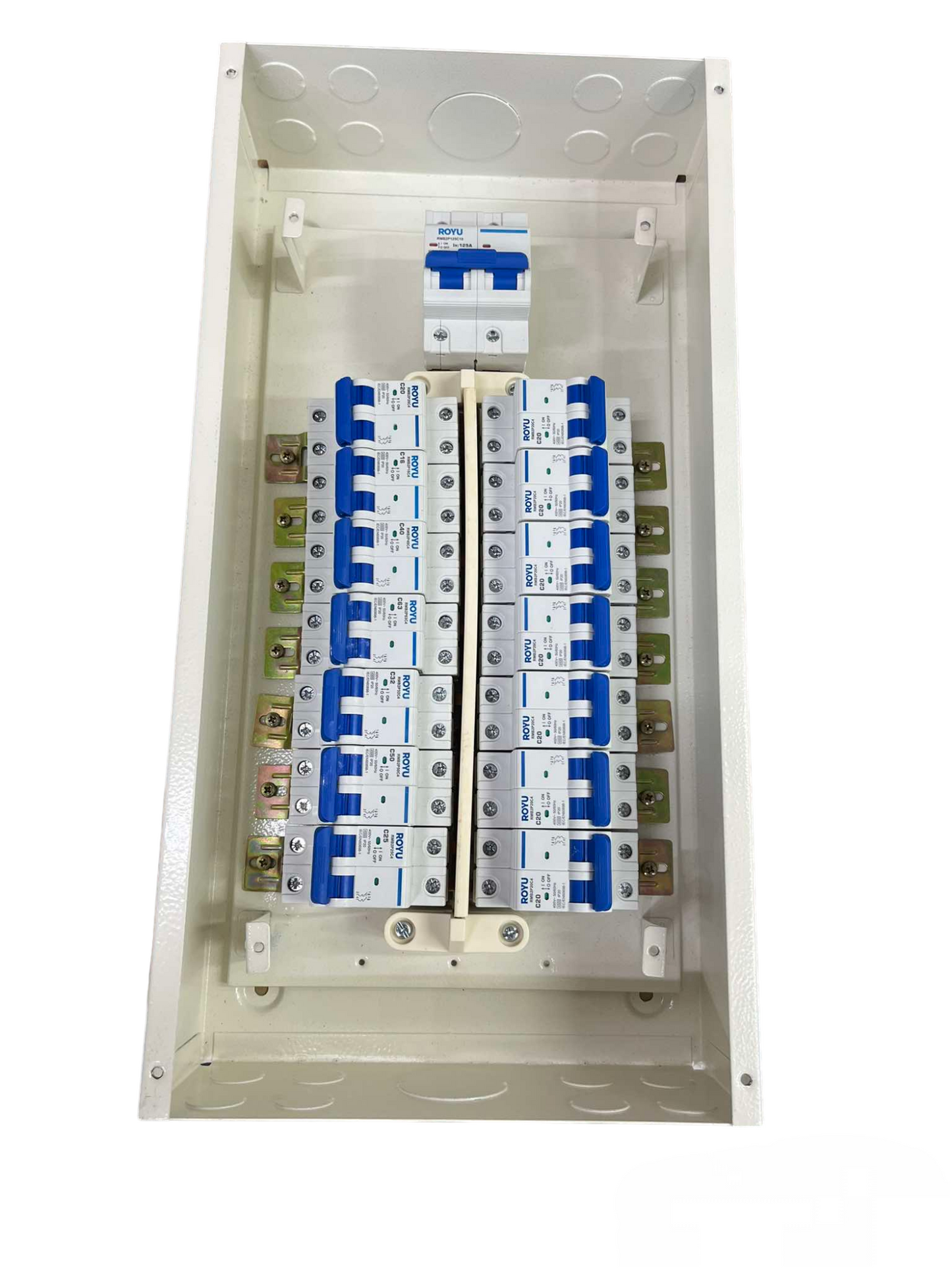 Panel Board 125A 2Pole Main Miniature with multiple circuit breakers in a white metal enclosure