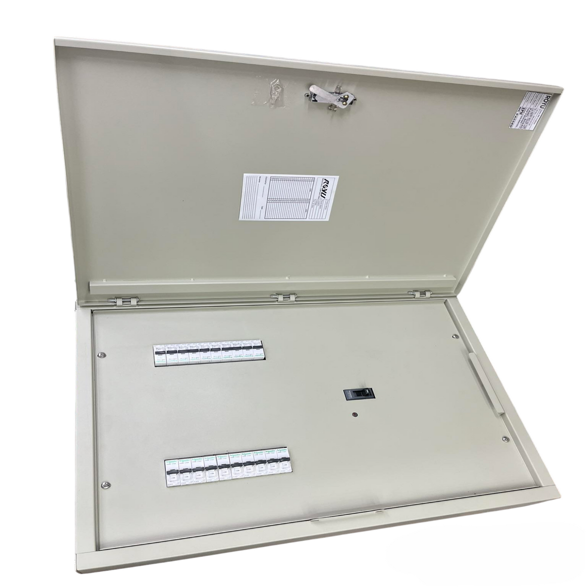Schneider and Royu Panel Board 250A 3 Pole MCCB electrical circuitry components with open metal enclosure