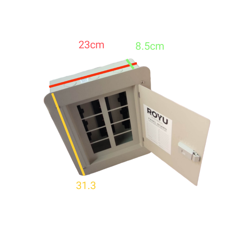 Royu Panel Board 4x4 8 Holes for 2 Pole Plug in with open metal door and dimensions visible