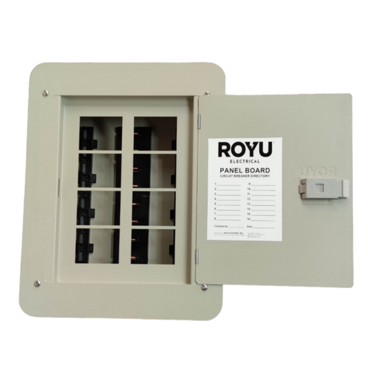 Royu Panel Board 4x4 8 Holes for 2 Pole Plug in electrical circuit breaker box with open door