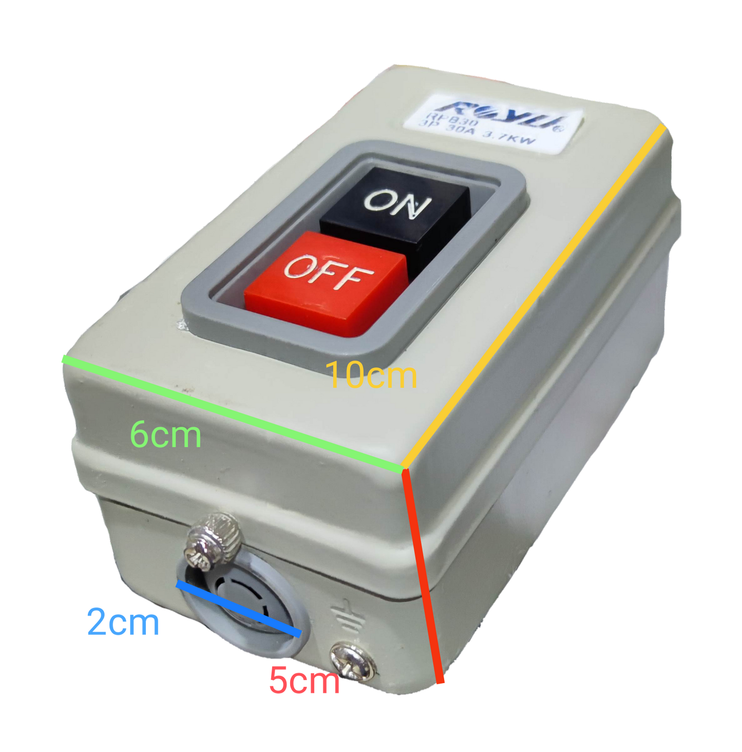 Royu Push Button Switch 30A 250V 3 Pole with red off and black on buttons in gray casing