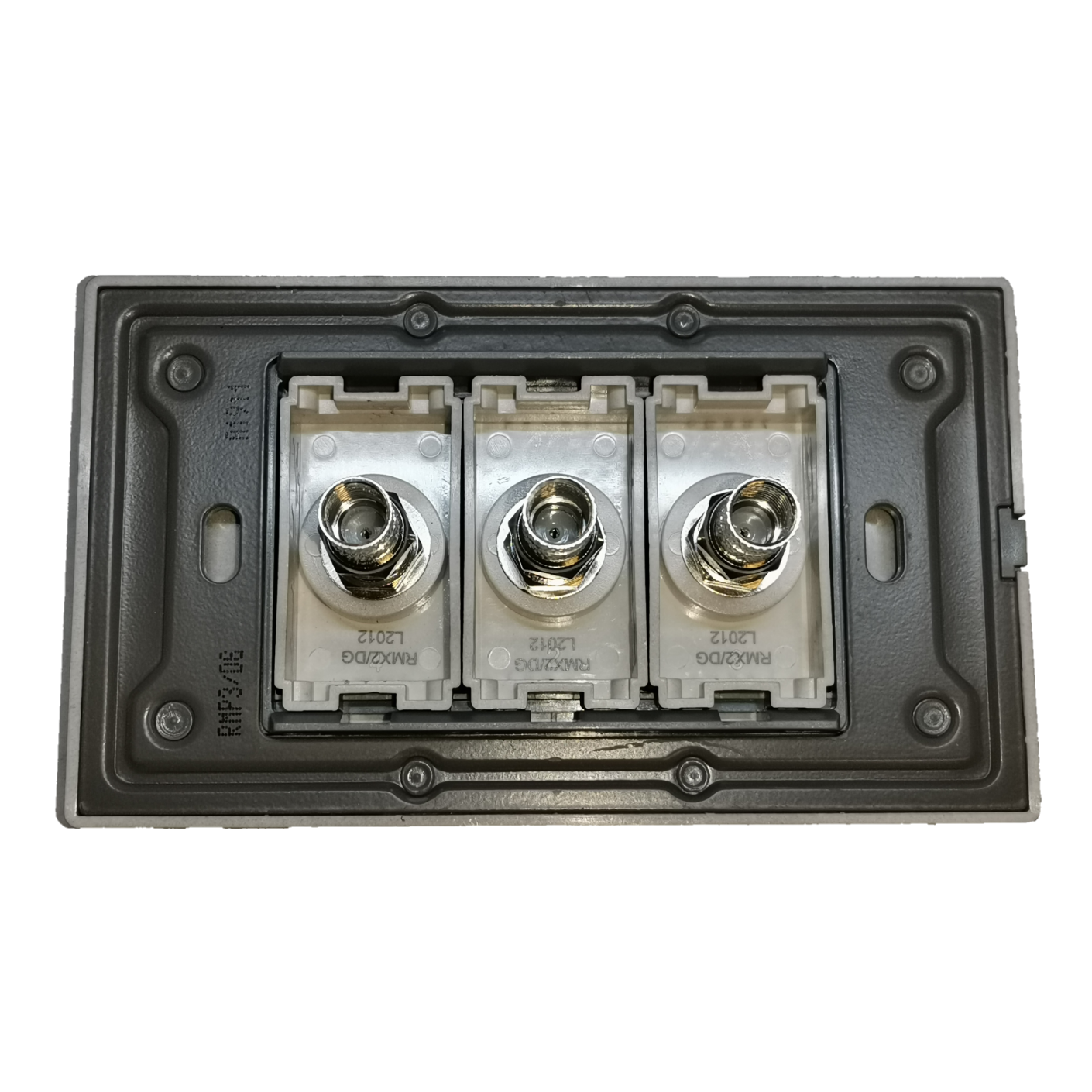 Royu 3 gang cable TV outlet close up showing three silver coax connectors in grey plastic mounting frame