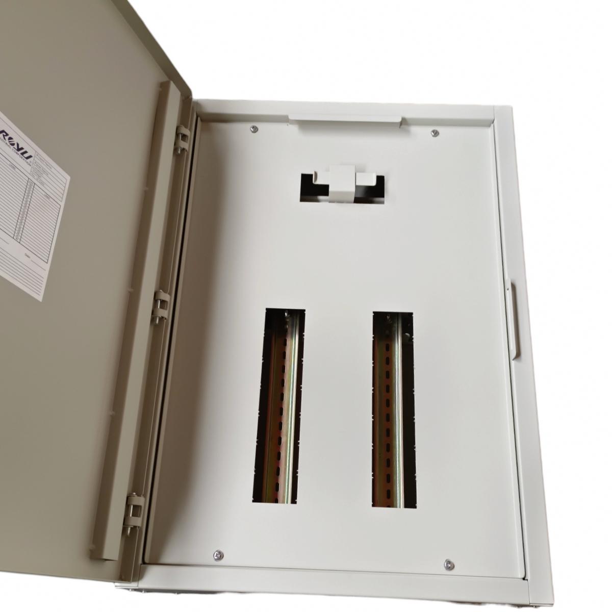 Royu MTS main panel board with interlock. Open metal electrical panel showing two vertical bus slots and hinged door