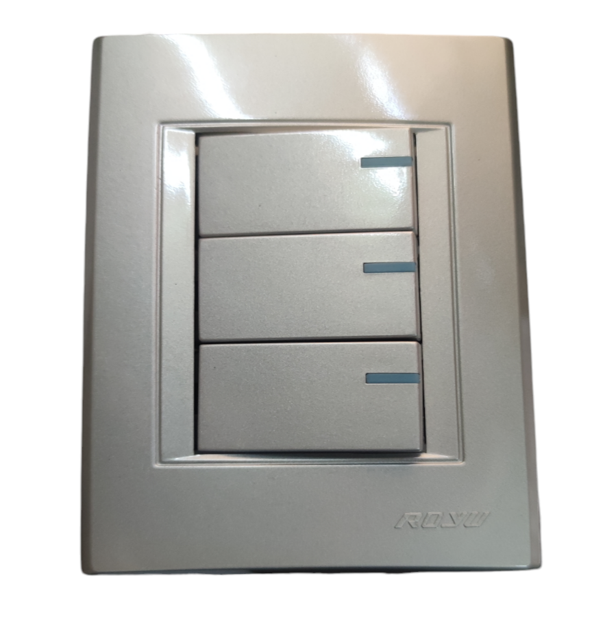 Royu Switch Flush Type 1 Way 10A 250V triple rocker switch with silver finish