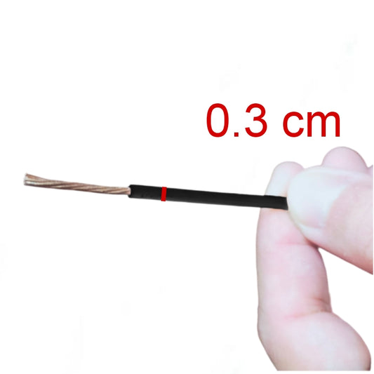 Close-up of Royu THHN THWN wire black held between fingers showing stripped copper end