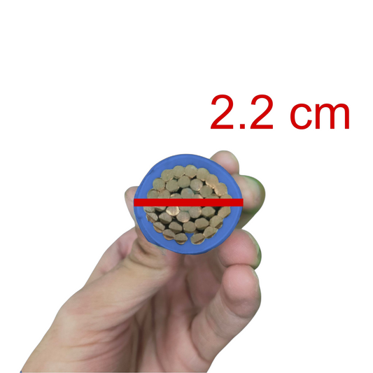 Royu THHN wire 400MCM per meter held with label showing diameter of 2.2 cm for electrical applications