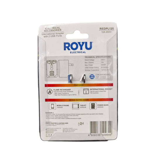 Royu Travel Adaptor with Universal Outlet packaging showing electrical specifications and device compatibility
