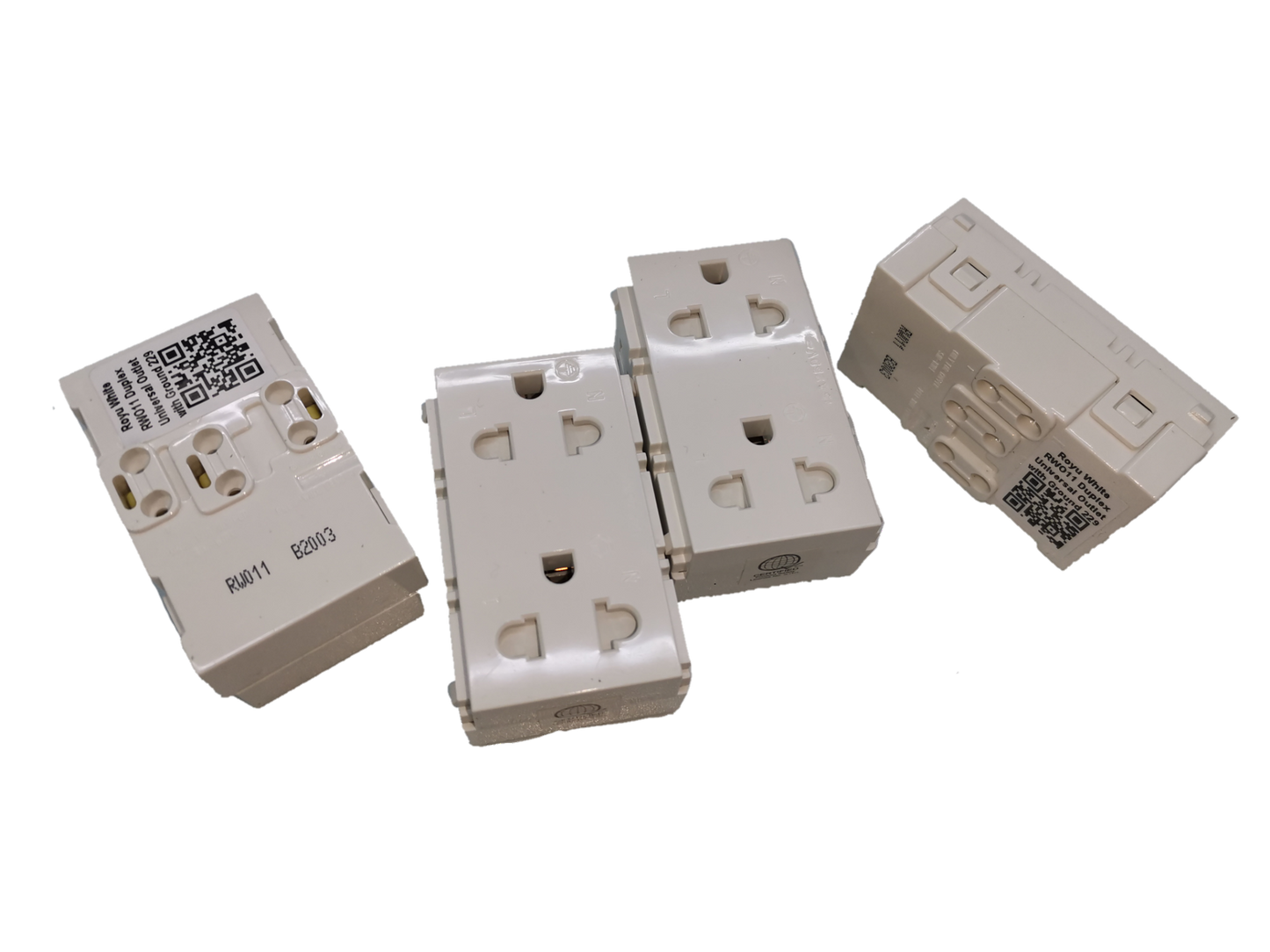 Royu Universal Duplex Outlet with Shutter white power points and plugs shown from multiple angles