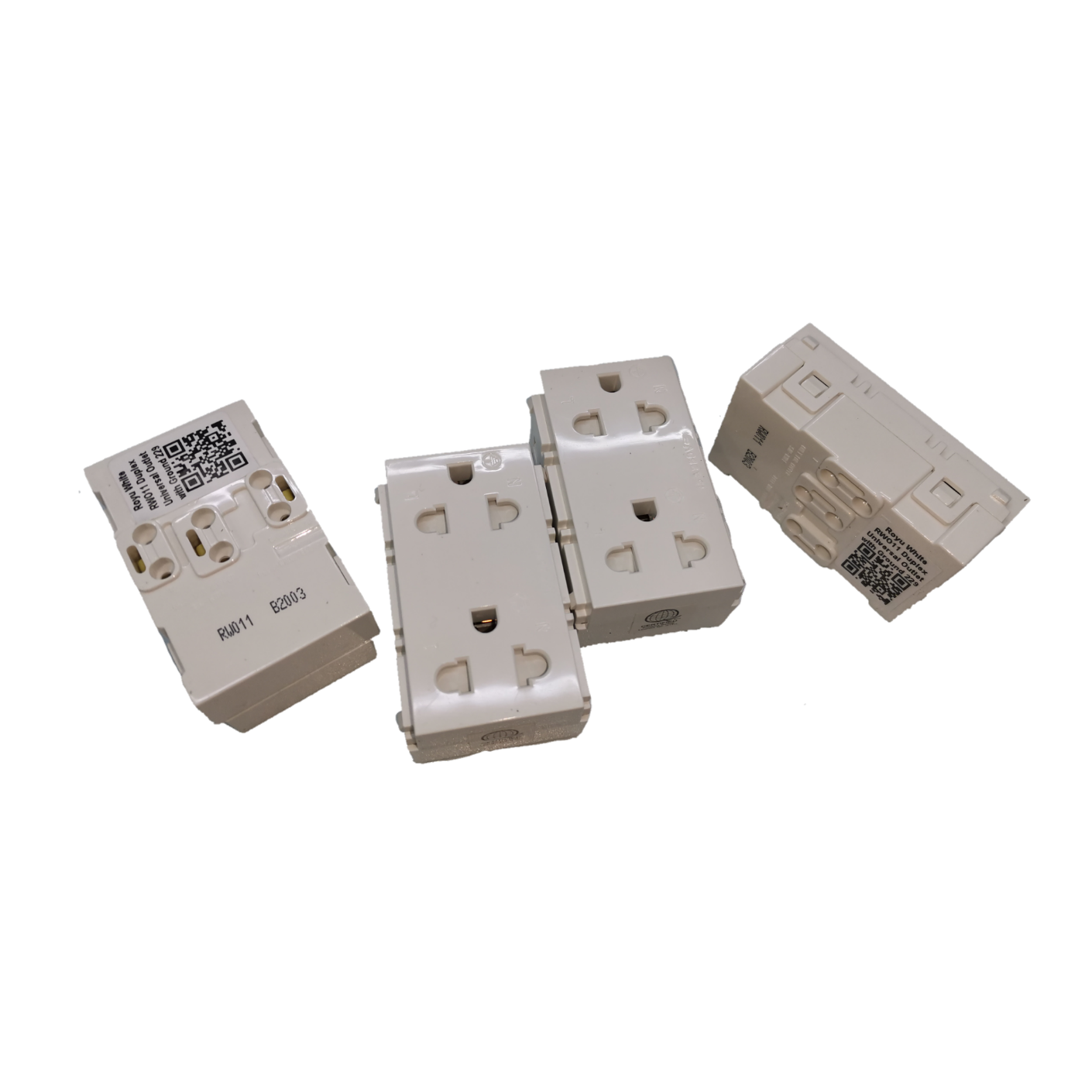 Royu Universal Duplex Outlet with Shutter white power points and plugs shown from multiple angles