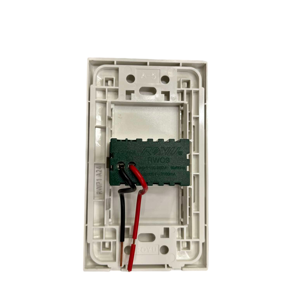 Royu wall charger USB Outlet with Plate Cover showing wiring and mounting frame in white