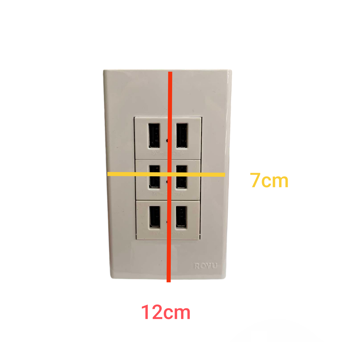 Royu USB Outlet with Plate Cover wall charger with six USB ports and compact 12 by 7 cm dimensions