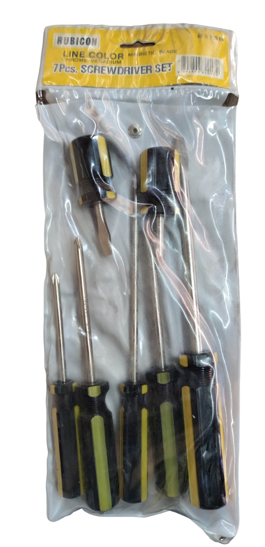 Rubicon 7pcs Screw Driver Set with black and yellow handles in clear plastic packaging