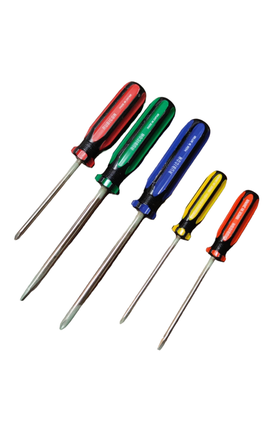 Rubicon Screw Driver Set 2 Flat Head and 3 Philips with colorful ergonomic handles on black background