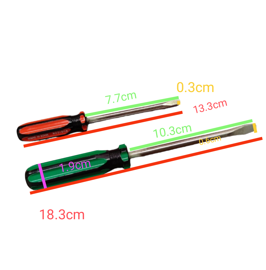 Rubicon Screw Driver Set 2 Flat Head and 3 Philips with measured handle and shaft lengths on black background