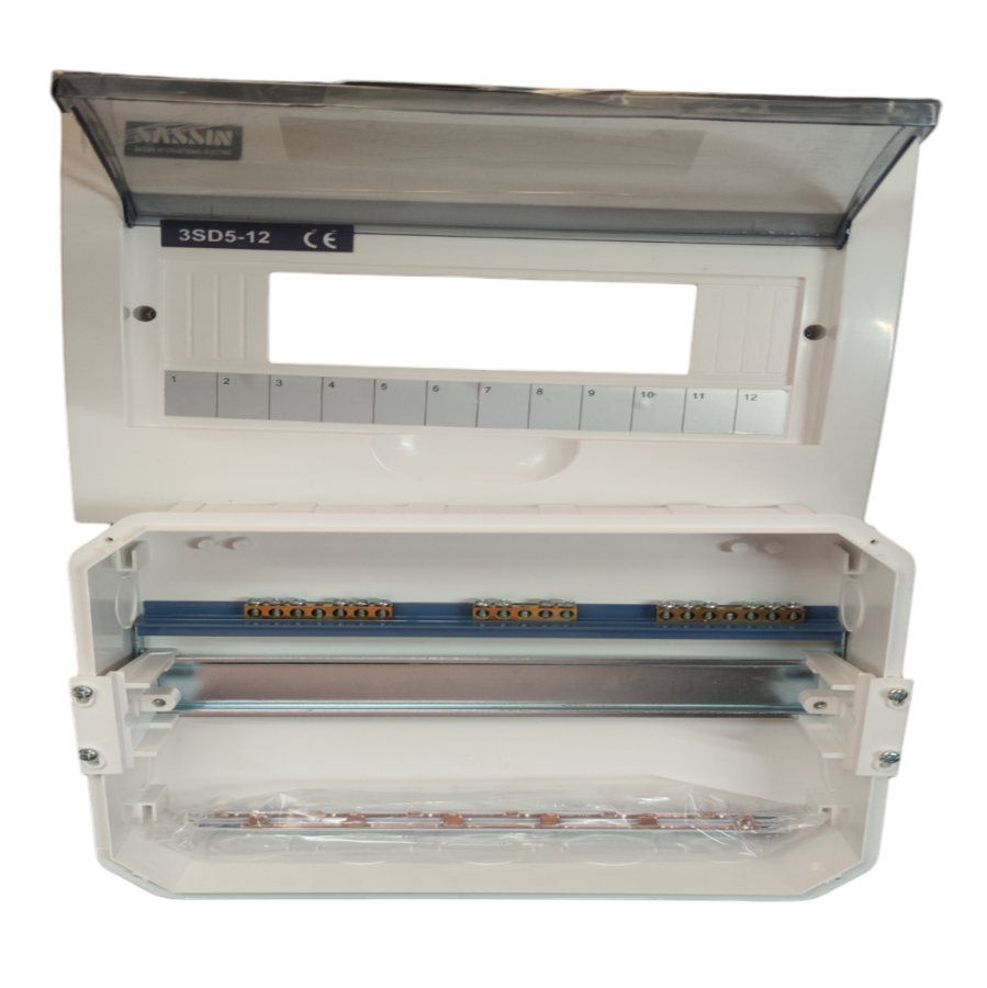 Sassin 12 Ways Panel Board Recessed electrical circuitry part with transparent cover and labeled slots
