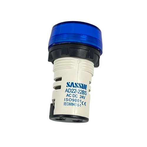 Grippes industrial LED indicator lamp 22mm 24V blue panel mount with blue lens and white body