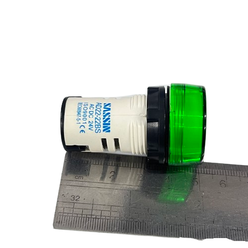 Grippes LED Indicator Lamp 22mm 24V green lens panel indicator on ruler showing compact size