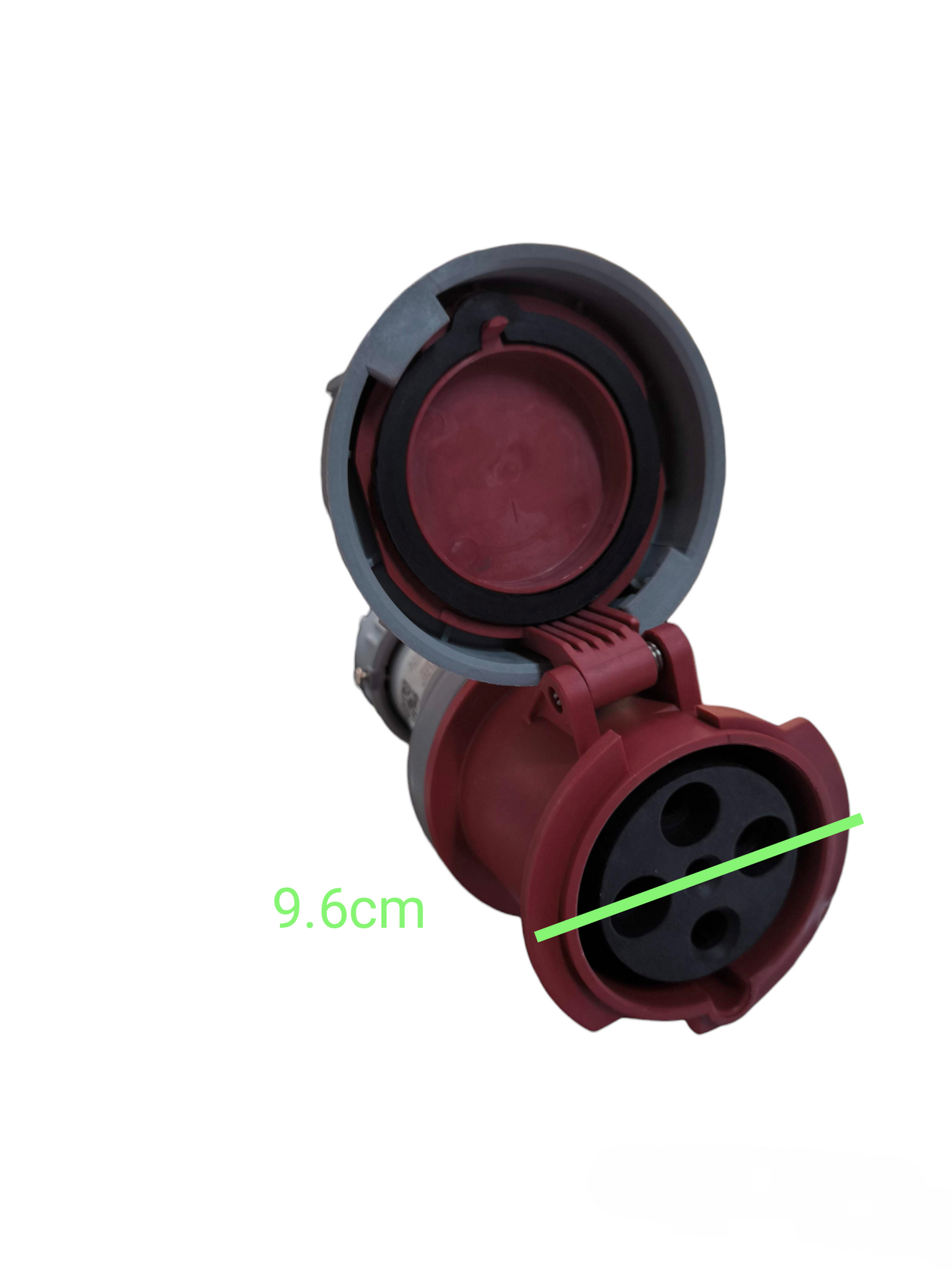 Sassin Industrial Outlet Connector Type 220V red and gray electrical plug with protective cover open