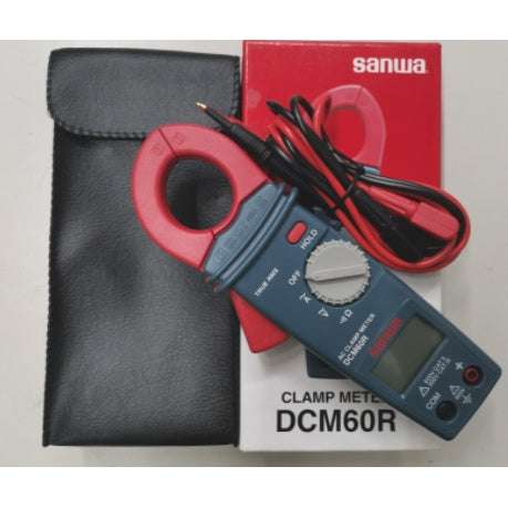 SANWA DCM60R clamp meter 60A with test leads and protective case for electrical testing