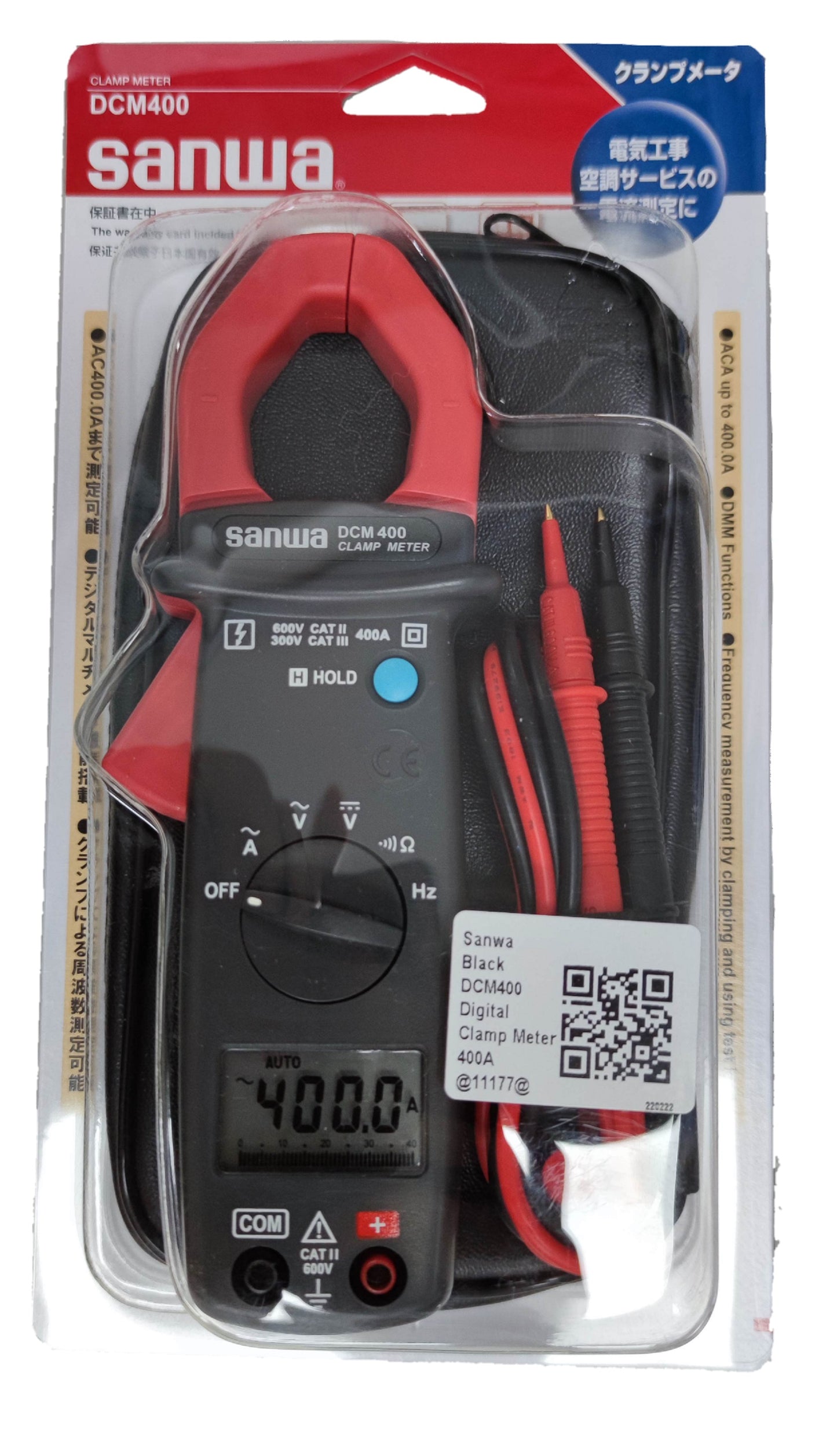 Sanwa Digital Clamp Meter DCM400 with red clamp and test leads in clear packaging