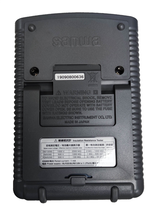 Back view of Sanwa Insulation Resistance Tester DM1009S electrical testing tool with label and warnings
