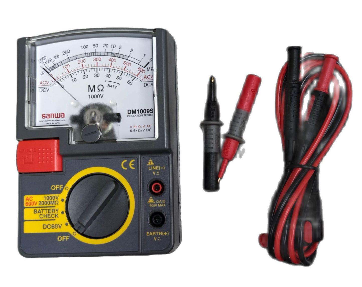 Sanwa Insulation Resistance Tester DM1009S with analog display and test leads for electrical measurements
