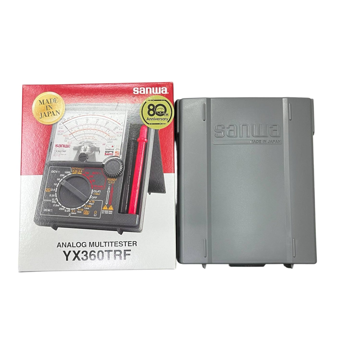 Sanwa Multi-tester YX360TRF analog multimeter with red test lead and protective gray case