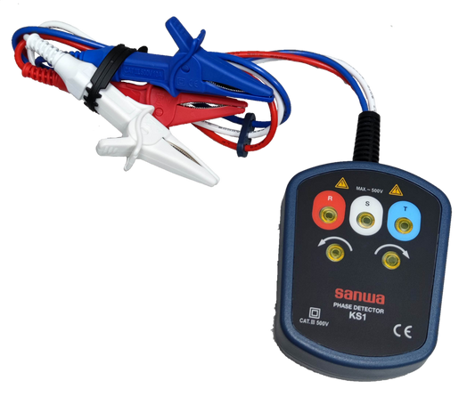 Sanwa Phase Detector KS1 electrical trade tool with red white and blue test lead alligator clips