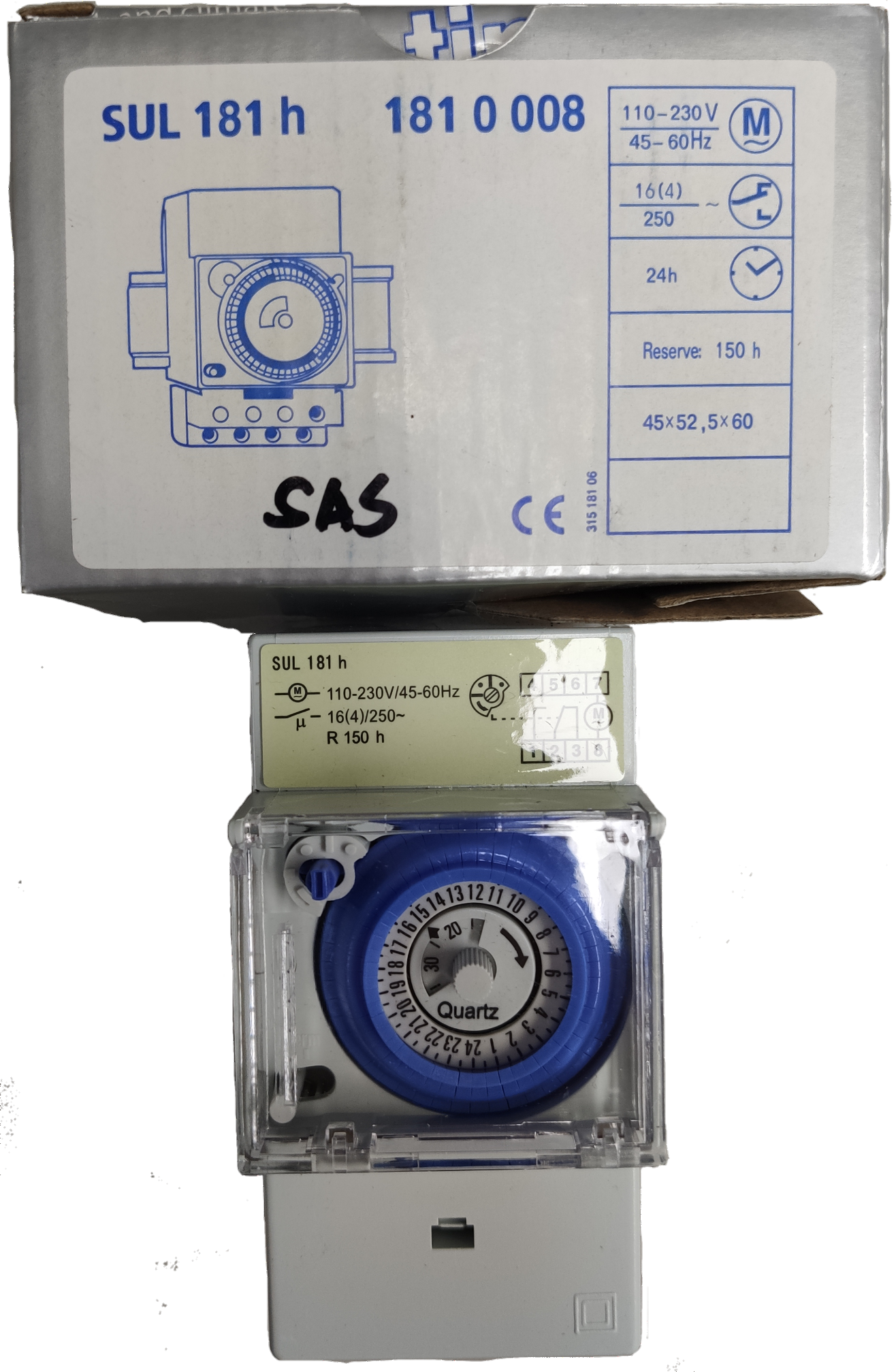 Grippes Timer Switch 24 Hour Mechanical with quartz dial and 110-230V rating in clear housing