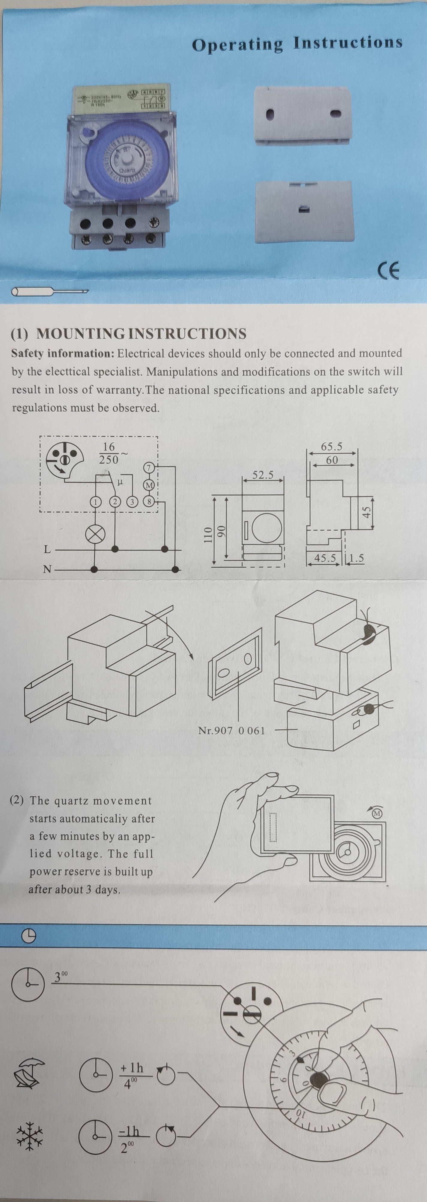 Grippes Timer Switch 24 Hour Mechanical with detailed operating instructions and technical diagrams