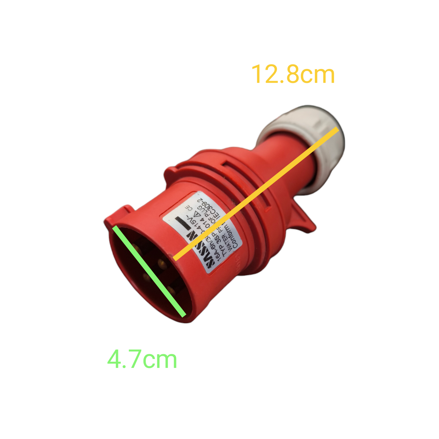 Sassin 16A Industrial Plug red electrical connector with dimensions 12.8 cm by 4.7 cm