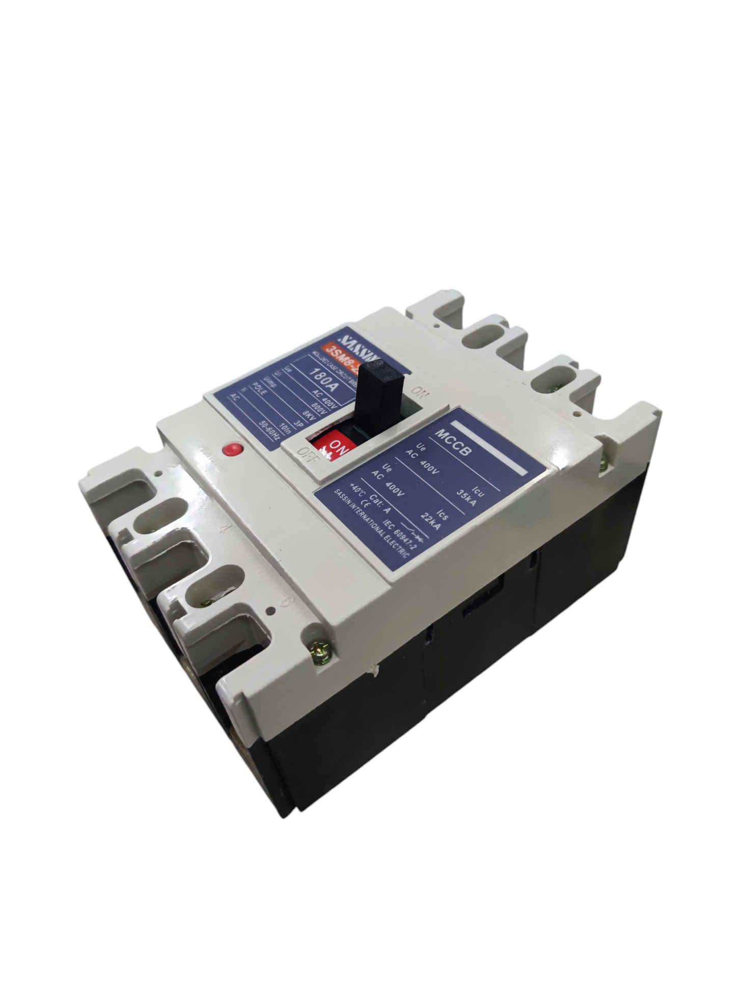 Himel 180A 3 Pole Industrial Circuit Breaker with black switch and white casing for electrical protection