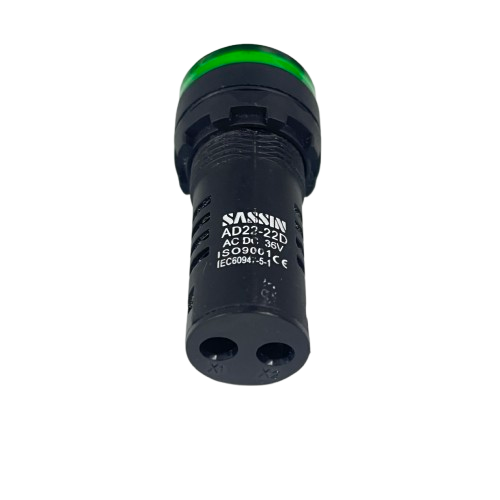 Sassin 22mm LED indicator lamp 36V green panel mount with black body and two pin connector for work and safety lights