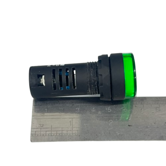 Sassin 22mm LED indicator lamp 36V green with black housing shown next to ruler for size reference