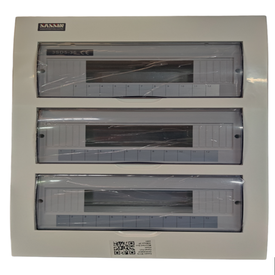 Sassin 36 ways recessed panel board with three transparent sections for electrical circuitry and parts