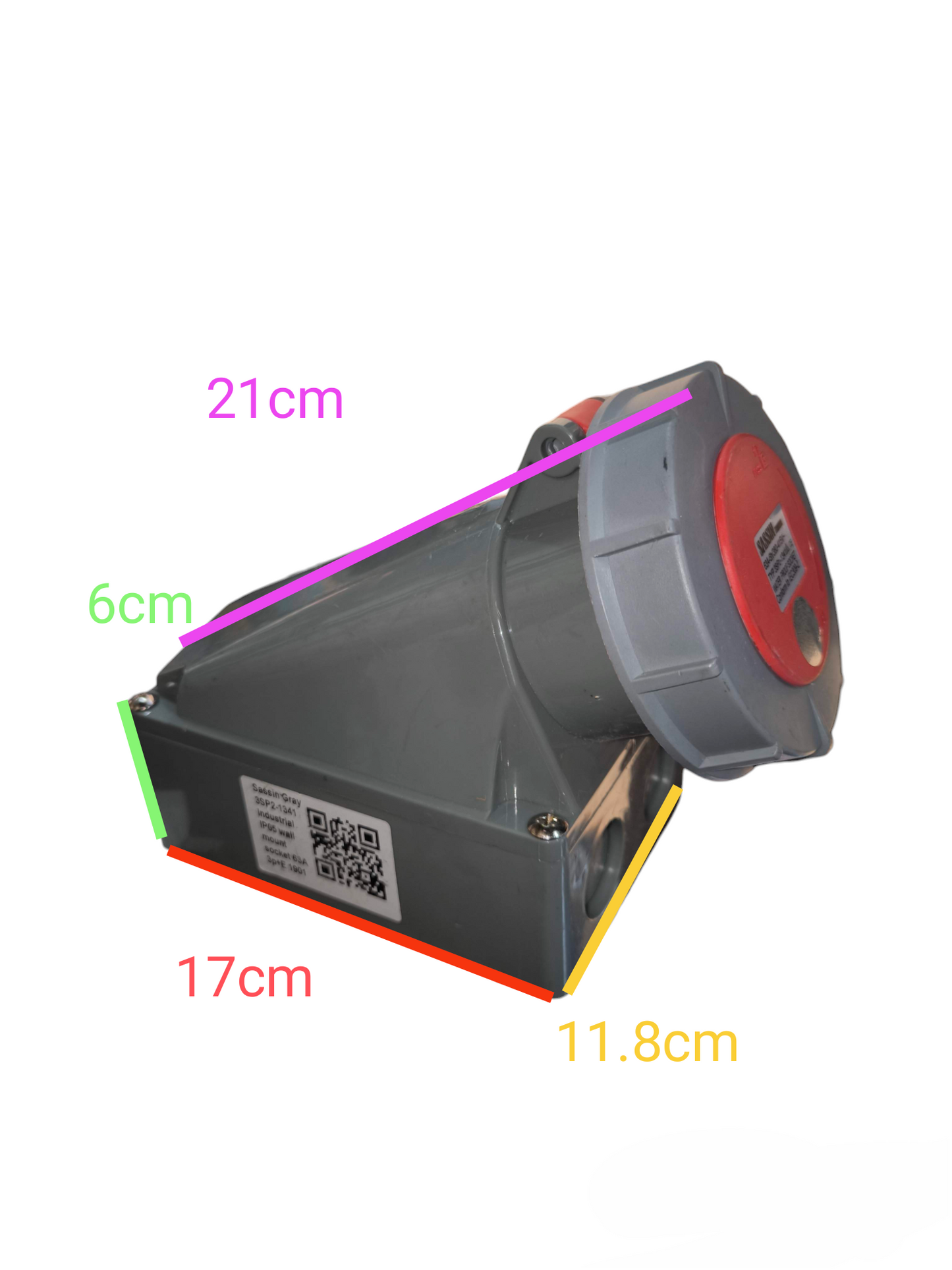Sassin 4 Pins Industrial Outlet Wall Type power point in gray and red with labeled dimensions