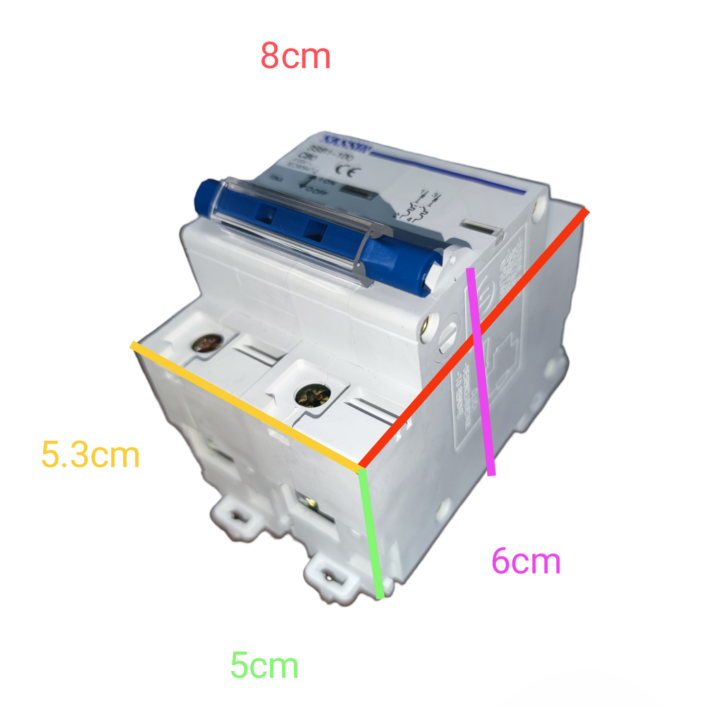 Sassin 80A 2 Pole Miniature Circuit Breaker with blue switch and labeled dimensions