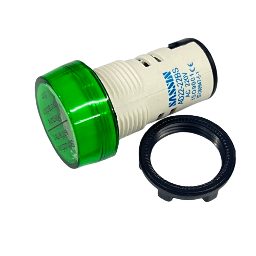 Sassin LED Indicator Lamp 22mm 220V AC green panel mount indicator with threaded body and mounting ring