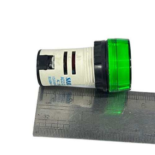 Sassin green LED Indicator Lamp 22mm 220V AC panel mount indicator shown next to ruler for size