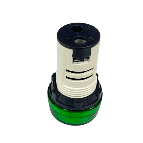 Green Sassin LED Indicator Lamp 22mm 220V AC panel mount with threaded white body and black bezel