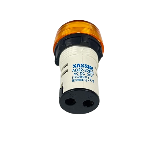 Grippes LED indicator lamp 22mm 24V Yellow with amber lens and panel mount body