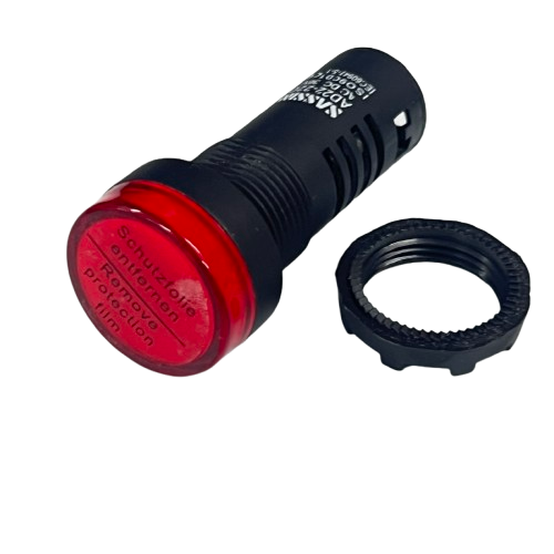 Sassin LED indicator lamp 22mm 36V Red panel mount with red lens black housing and locknut