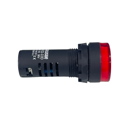 Sassin LED indicator lamp 22mm 36V Red panel mount with red lens and black threaded housing