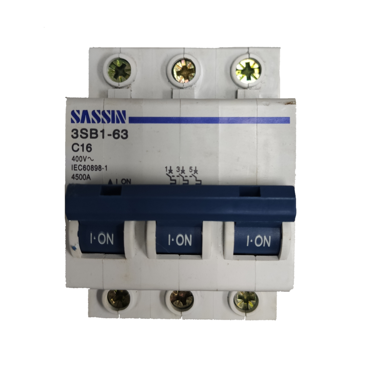 Sassin miniature circuit breaker 16A 3Pole electrical component with blue switches and white casing