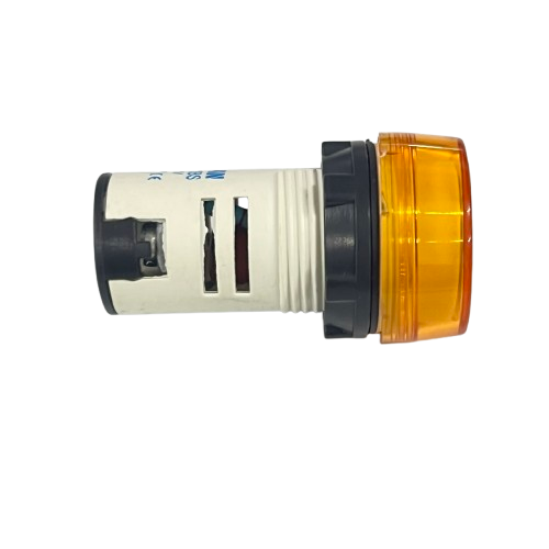 Sassin 22mm LED indicator lamp Yellow panel mount amber lens with threaded white body and black bezel