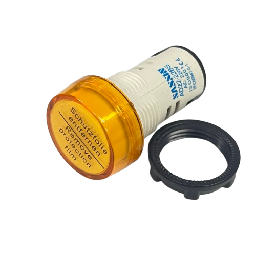 Sassin 22mm LED indicator lamp Yellow panel mount with amber lens white body and mounting ring