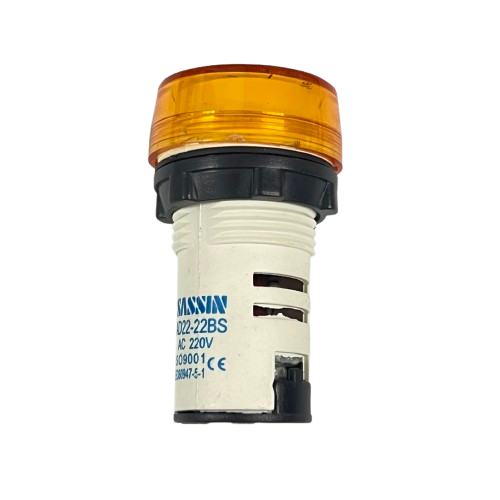 Sassin 22mm LED indicator lamp Yellow. Panel mount amber lens with threaded white body for AC 220V applications