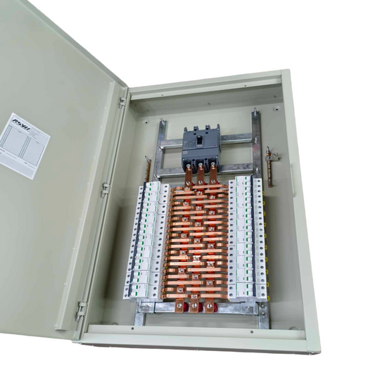 Open 200A panel board Schneider with circuit breakers and copper busbars inside electrical enclosure