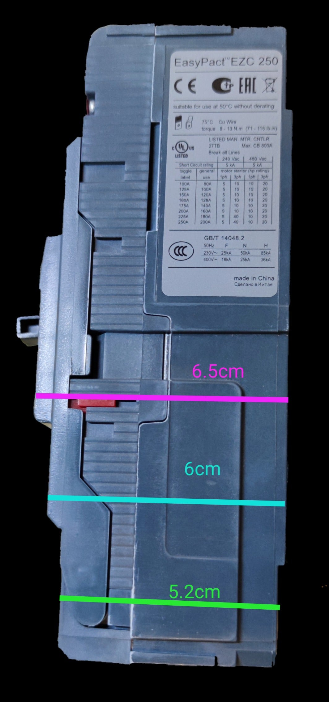 Schneider 250A 3 Pole Industrial Circuit Breaker EasyPact EZC 250 model with detailed specifications label