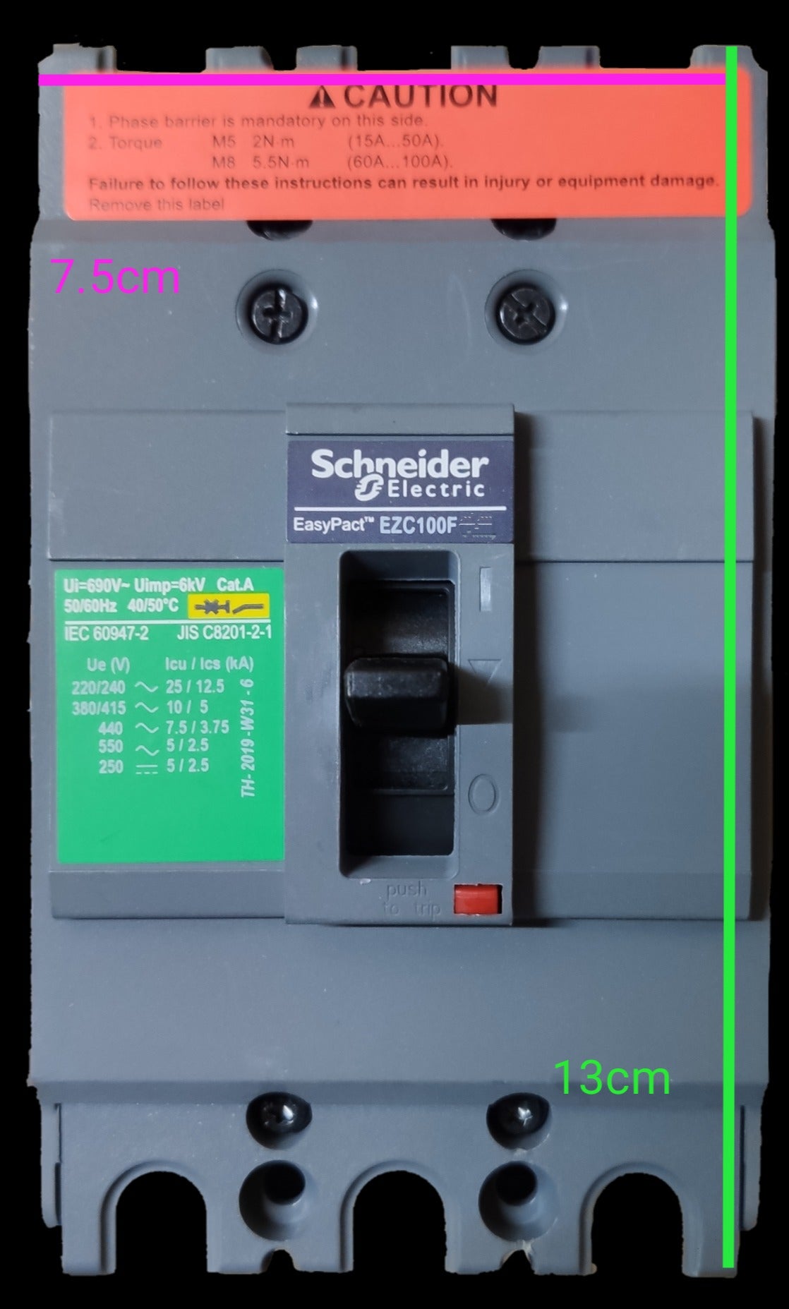 Schneider 25A 3 Pole Industrial Circuit Breaker EasyPact EZC100F with switch and safety labels